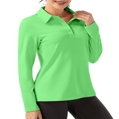 FKEEP Women Long Sleeve Polo Shirt Golf Sport Top Athletic Sportswear Tennis Activewear (Neon Green, S)