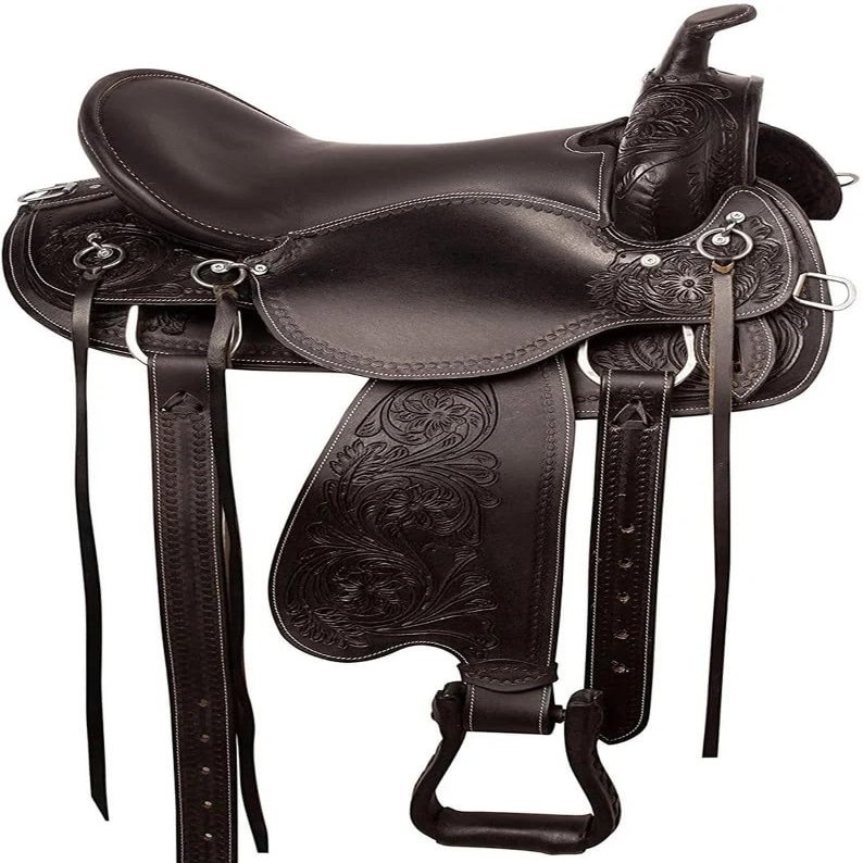 16" Western Horse Barrel Saddle Leather Tack Set Racing Rding SaddleHeadstall Breast Collar Breastplate Reins Black ST-WLS-C102