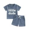 Baby Boy Summer Clothes Toddler Boys Short Sleeve Little Dude Embroidery Letter Shirt Top Solid Color Short Outfit (Blue, 0-6 Months) view 1