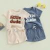 Baby Boy Summer Clothes Toddler Boys Short Sleeve Little Dude Embroidery Letter Shirt Top Solid Color Short Outfit (Blue, 0-6 Months) view 2