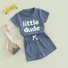 Baby Boy Summer Clothes Toddler Boys Short Sleeve Little Dude Embroidery Letter Shirt Top Solid Color Short Outfit (Blue, 0-6 Months) view 3