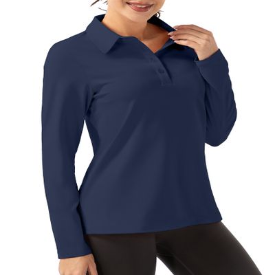 FKEEP Women Long Sleeve Polo Shirt Golf Sport Top Athletic Sportswear Tennis Activewear (Dark Blue, S)