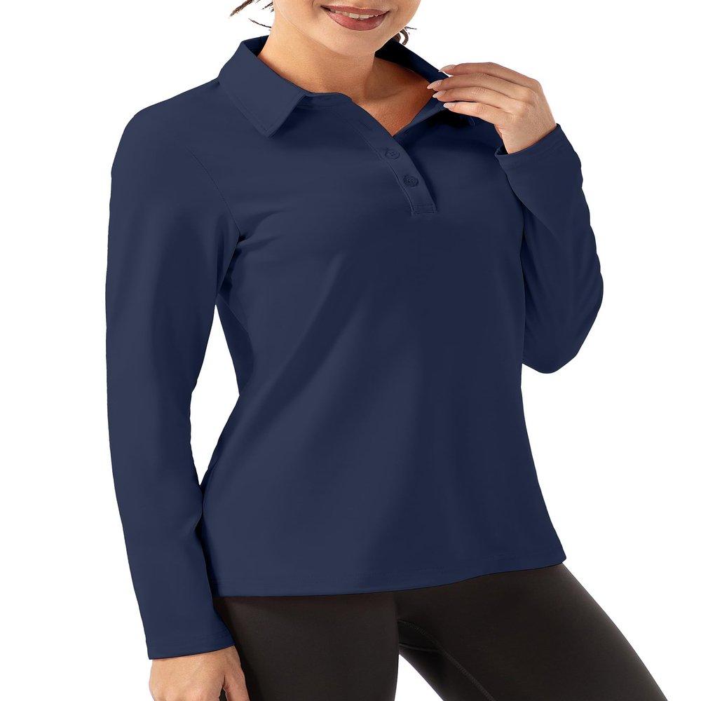 FKEEP Women Long Sleeve Polo Shirt Golf Sport Top Athletic Sportswear Tennis Activewear (Dark Blue, S)
