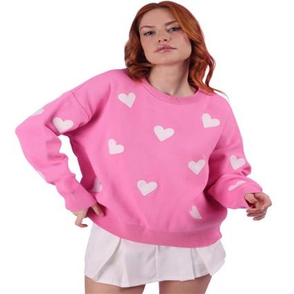 9teen Boutique Heart Detailed Sweater (US, Alpha, One Size, Regular, Petite, Pink)