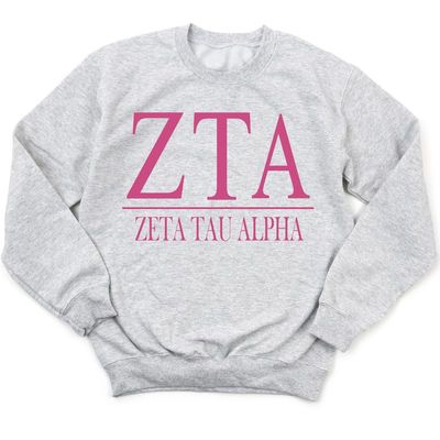 Kite and Crest Zeta Tau Alpha Sweatshirt - Zeta Loud Letters Sorority Crewneck Sweatshirt Ash