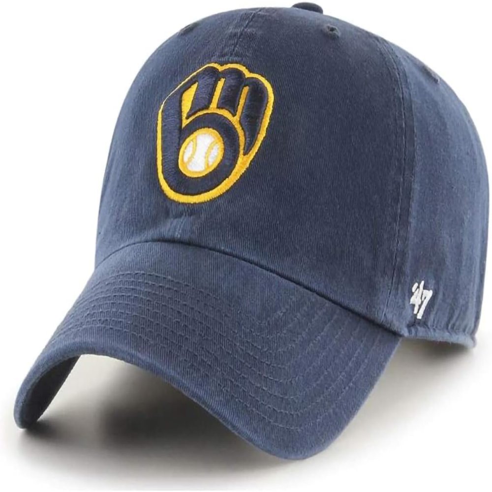 47 MLB Home Team Color Primary Logo Clean Up Adjustable Strap Hat Cap, Adult One Size Fits All (Milwaukee Brewers)