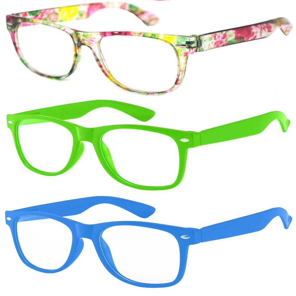 OWL 3 Pack Kids Clear Lens Glasses Floral Green, Green, Blue Non Prescription UV400 Lenses