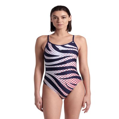 ARENA Performance Multi Stripes Women's Swimsuit Lace Back One Piece MaxLife Training Suit, Navy/White Multi Red, US Size 24