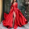 Prom Dress Long Ball Gown Ruched V Neck Formal Sequin Evening Dresses with Slit Sparkle Bridesmaid Dresses for Wedding Red view 2