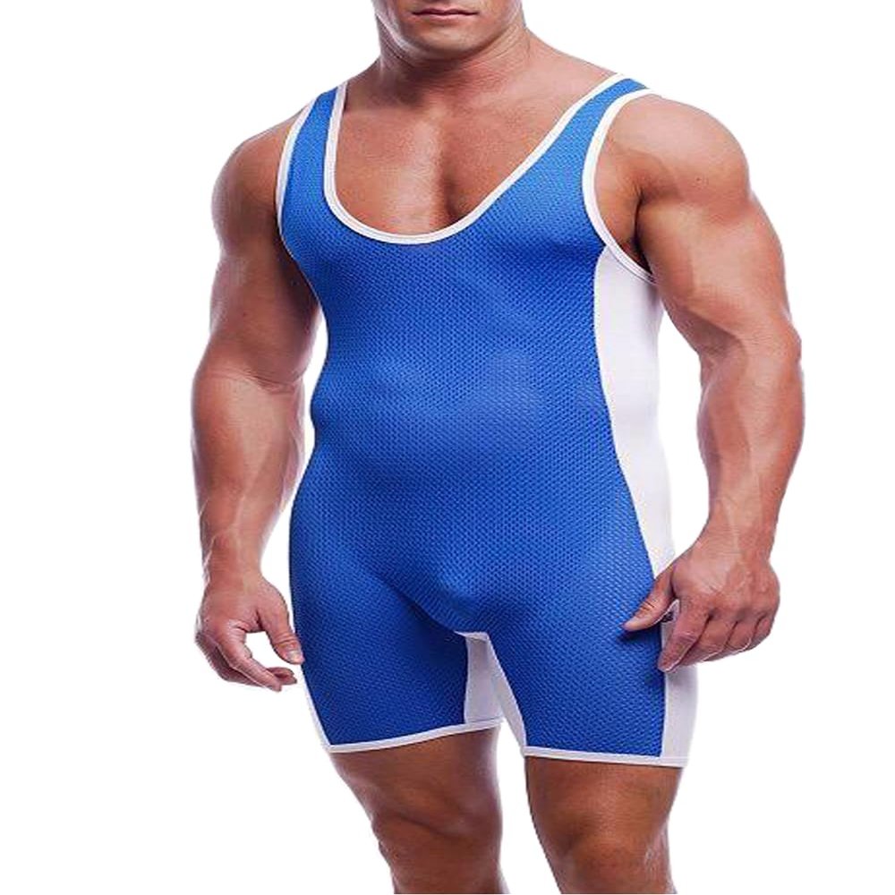GYMAPE Mens One Piece Wrestling Singlets Singlet Basic Layer Fishing Breathable Wrestling Uniform Underwear Pajamas Blue-White L