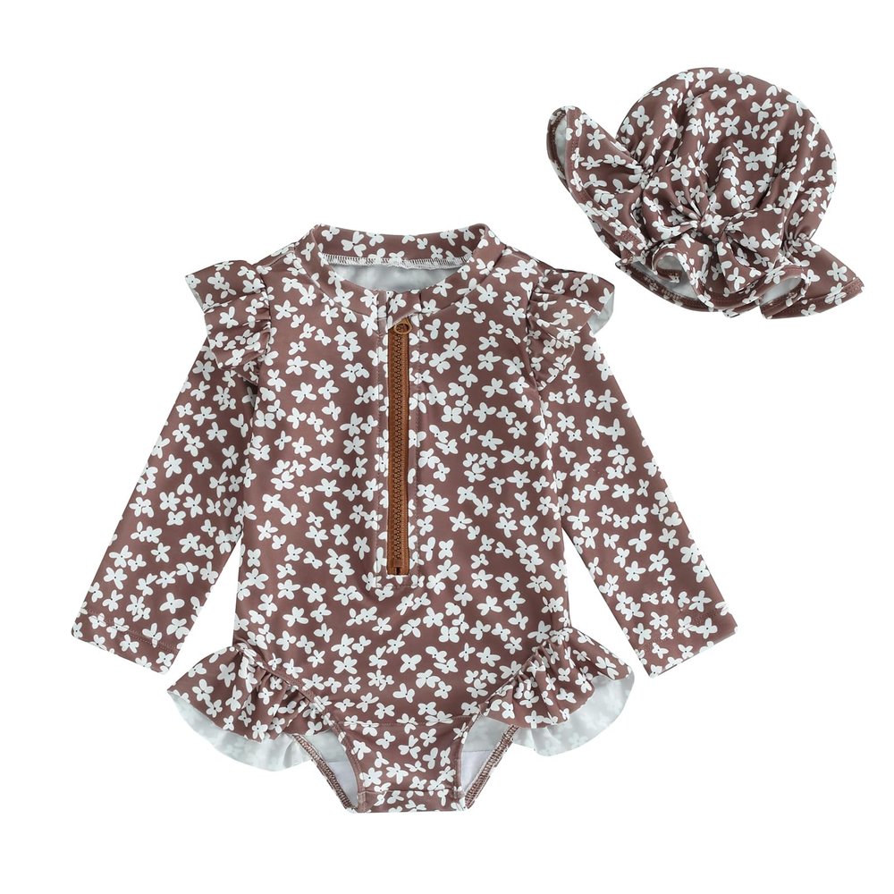ZAXARRA Little Baby Girls Swimsuit One Piece Rash Guard Long Sleeve Zipper Ruffle Bathing Suit Toddler Summer Clothes (Khaki, 9-12 Months)