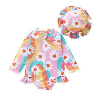 Little Baby Girls Swimsuit One Piece Rash Guard Long Sleeve Zipper Ruffle Bathing Suit Toddler Summer Clothes (Rainbow, 0-6 Months)