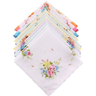 10pcs Womens Vintage Floral Print Cotton Handkerchief, Hanky Bulk Set, Handkerchiefs