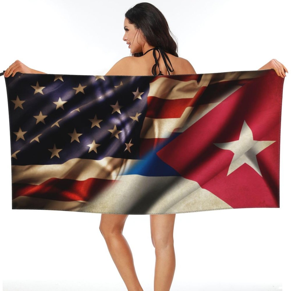 Combined Cuba and USA Flag Beach Towel Microfiber Super Soft Beach Towels Quick Dry Towel for Swimmers Sand Proof Beach Towels for Women Men Girls Large Bath Towels 30x60inches