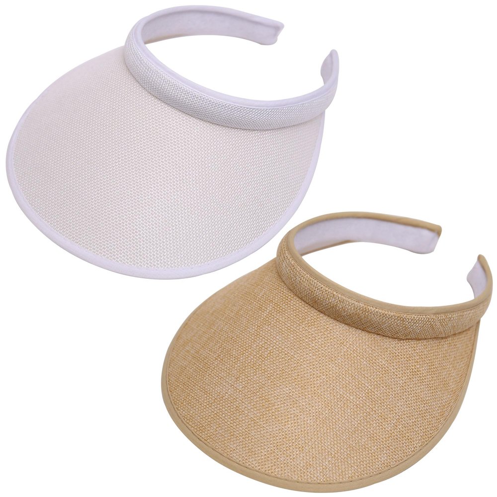 2 Pack Sun Visor Hats Women Men Wide Brim Visors-Hat Large Clip-on Visors Hat UV Protection Outdoors Sports Golf Beach Cap White-Khaki