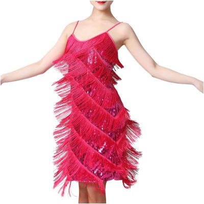 Generic Women Sequin Latin Dance Tassel Fringe Dress Flapper Cocktail Vintage 1920s Gatsby Tango Ballroom Dancing Party Dress, Medium, A02_hot Pink