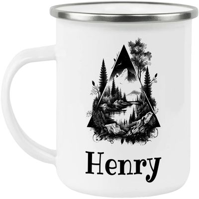 generic Henry Adventure Awaits Custom Name Enamel Campfire Mug, Mountain Camping Coffee Cup, Nature Outdoor Personalized - White - One size
