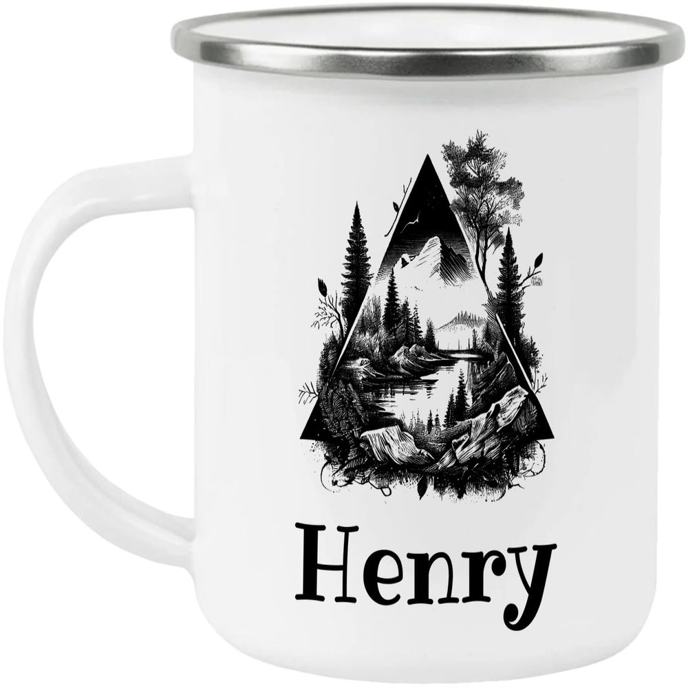 generic Henry Adventure Awaits Custom Name Enamel Campfire Mug, Mountain Camping Coffee Cup, Nature Outdoor Personalized - White - One size