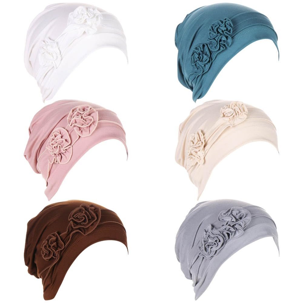 6 Pieces Women Turban Flower Caps Chemo Headwear Sleep Cap Vintage Soft Turbans Beanies Headwrap Hat