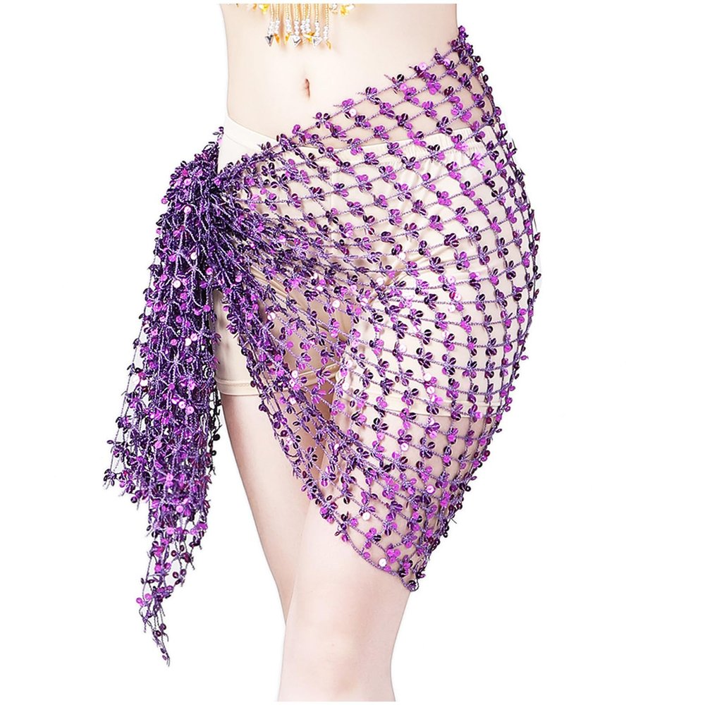 Belly Dance Hip Scarf Sparkly Skirt Belly Dancing Belt Shawl Tassel Sequin Skirt for Women/Girls Dance Festival Outfits