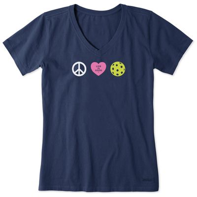 Life is Good. Women's Clean Peace Love Pickleball Short Sleeve Crusher Vee, Darkest Blue, Small