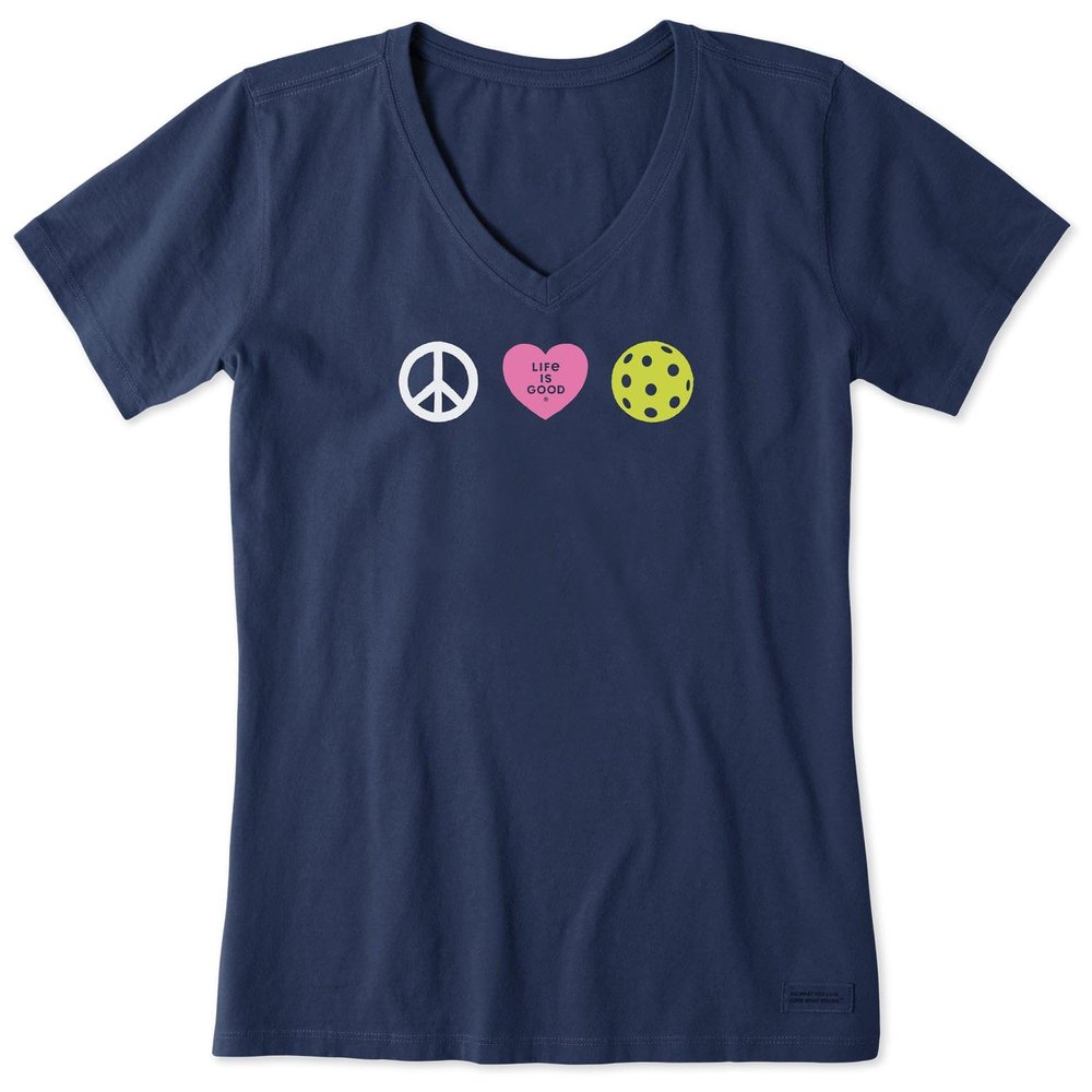 Life is Good. Women's Clean Peace Love Pickleball Short Sleeve Crusher Vee, Darkest Blue, Small