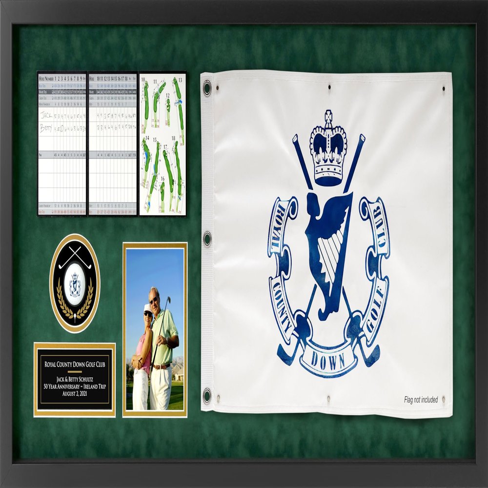 Premier Universal Golf Achievement, Event, Award Display Case Frame, 5 Components for Ball, Scorecard, Photo, Printed Graphic Info Insert & Golf Flag