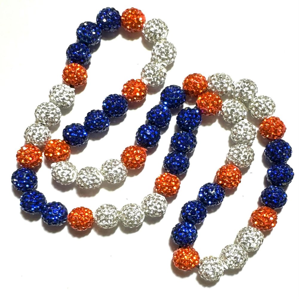 Power Energy Sports Rhinestone Crystal Pollyanna Bling Disco Ball Beaded Bead Baseball Player Necklace, Orange Blue Gators (18" inches)