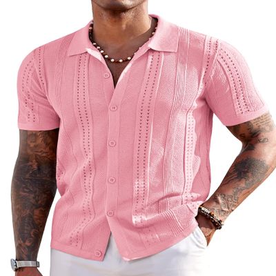 COOFANDY Men's Short Sleeve Shirts Knit Button Down Polo Shirt Casual Summer Beach Tops Light Pink