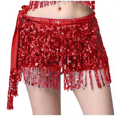 Generic Belly Dance Hip Scarf Sequin Tassel Skirt Wrap Sparkly Rave Costume for Women Belt Dance Festival Performance Skirt, A02_red