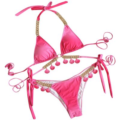Swimsuit for Women 2024 Sexy String Triangle Thong Bikini Bathing Set Two Piece Tassels Push Up Swim Suits Gradient Pink