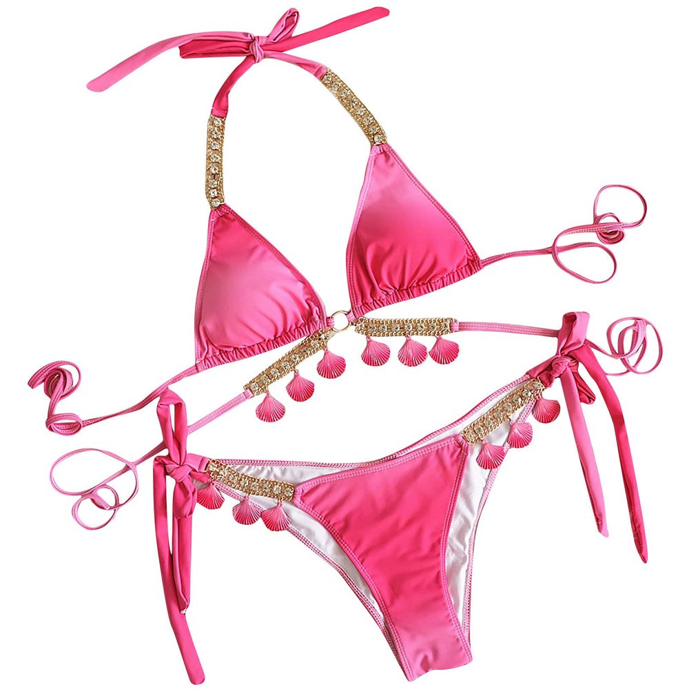 Swimsuit for Women 2024 Sexy String Triangle Thong Bikini Bathing Set Two Piece Tassels Push Up Swim Suits Gradient Pink