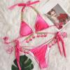 Swimsuit for Women 2024 Sexy String Triangle Thong Bikini Bathing Set Two Piece Tassels Push Up Swim Suits Gradient Pink view 2