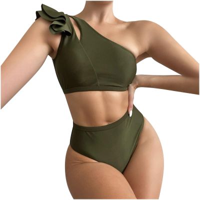 asntrgd Bathing Suit for Teens 2 Piece Bikini Womens One Shoulder Suit Solid Color High Waist Swimsuits Aesthetic Beachwear Army Green