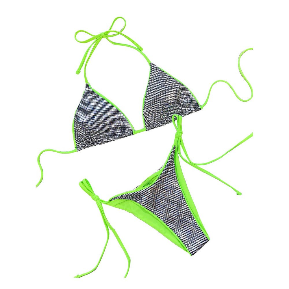 Bikini Thongs Women's Sparkle String Triangle Bathing Sets 2 Piece String Push Up Swimwear Beach High Leg Swimsuits Silver