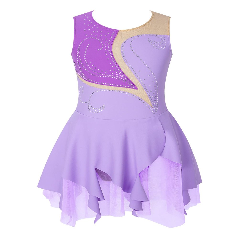 XUNZOO Kid Girls Hollow Back Ice Figure Skating Costume Sleeveless Rhinestone Leotard Dress for Dance Performance G1057Lavender 12 Years