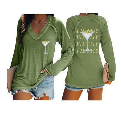 SameeFloral Women's Vneck Long Sleeve Hoodie, Green Cotton Blend Sweatshirt, Filthy Martini Theme
