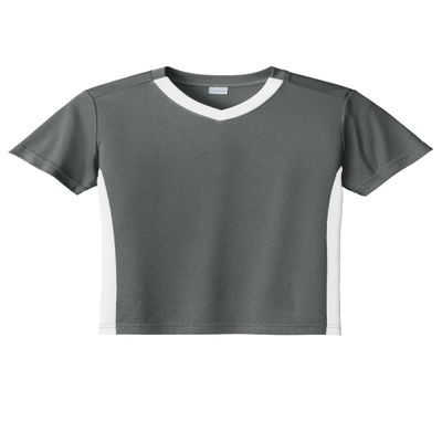 SPORT-TEK Youth Competitor United V-Neck | Kids' Lightweight Shirt for Spring & Summer, Breathable Clothing for Boys & Girls Iron Grey/White
