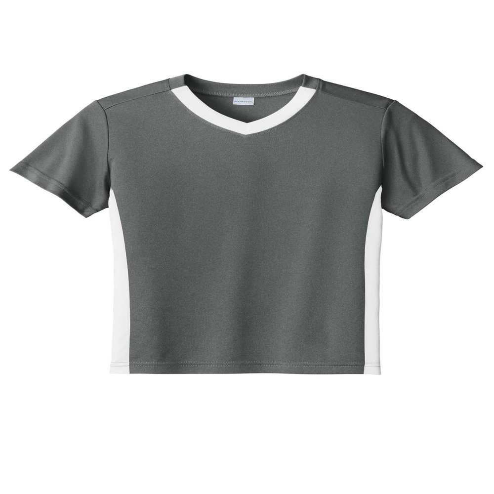 SPORT-TEK Youth Competitor United V-Neck | Kids' Lightweight Shirt for Spring & Summer, Breathable Clothing for Boys & Girls Iron Grey/White