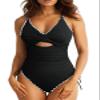 Aleumdr Women's High Cut One Piece Swimsuit Tummy Control Bathing Suit V Neck Cross Back Swimwear Shell Edge Black Small view 1