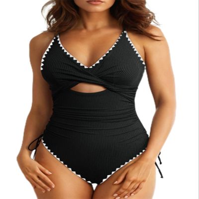 Aleumdr Women's High Cut One Piece Swimsuit Tummy Control Bathing Suit V Neck Cross Back Swimwear Shell Edge Black Medium