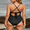 Aleumdr Women's High Cut One Piece Swimsuit Tummy Control Bathing Suit V Neck Cross Back Swimwear Shell Edge Black Medium view 3