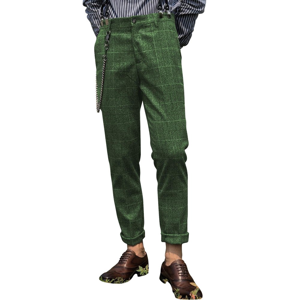 Aesido Mens Slim Fit Herringbone Tweed Wool Plaid Trousers Retro Dress Business Suit Pantsgreen36W*30L
