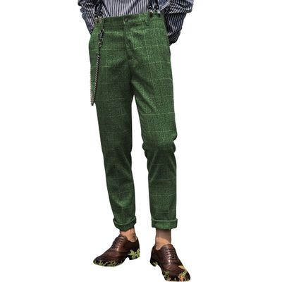 Aesido Mens Slim Fit Herringbone Tweed Wool Plaid Trousers Retro Dress Business Suit Pantsgreen32W*30L