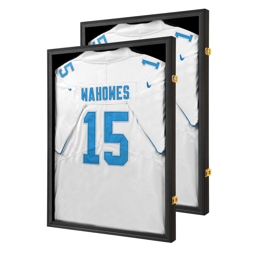 Tieeqe Jersey Frame Display Case 2 Pack -Jersey Display Shadow Box- Lockable Jersey Frame with Hangers and UV Resistant Acrylic-Display Case for Football Baseball Basketball Jersey-Black, Wood