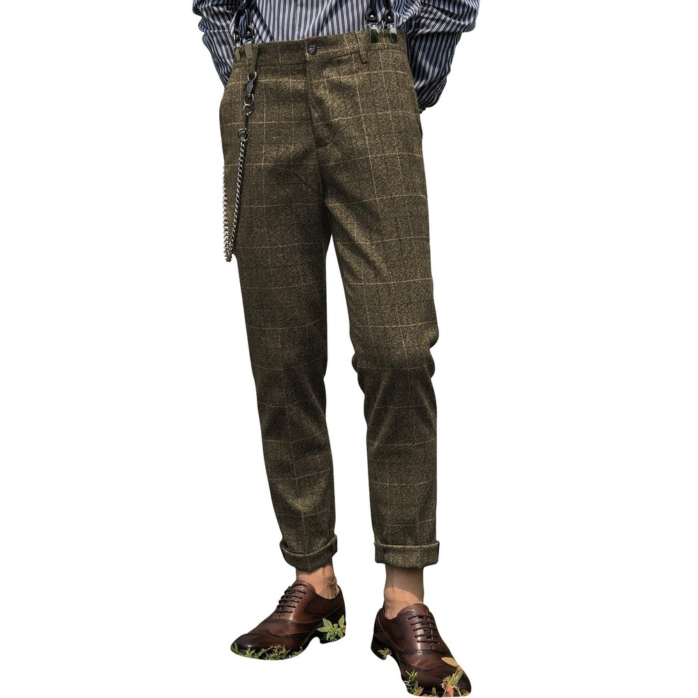Aesido Mens Slim Fit Herringbone Tweed Wool Plaid Trousers Retro Dress Business Suit Pantscoffee32W*30L