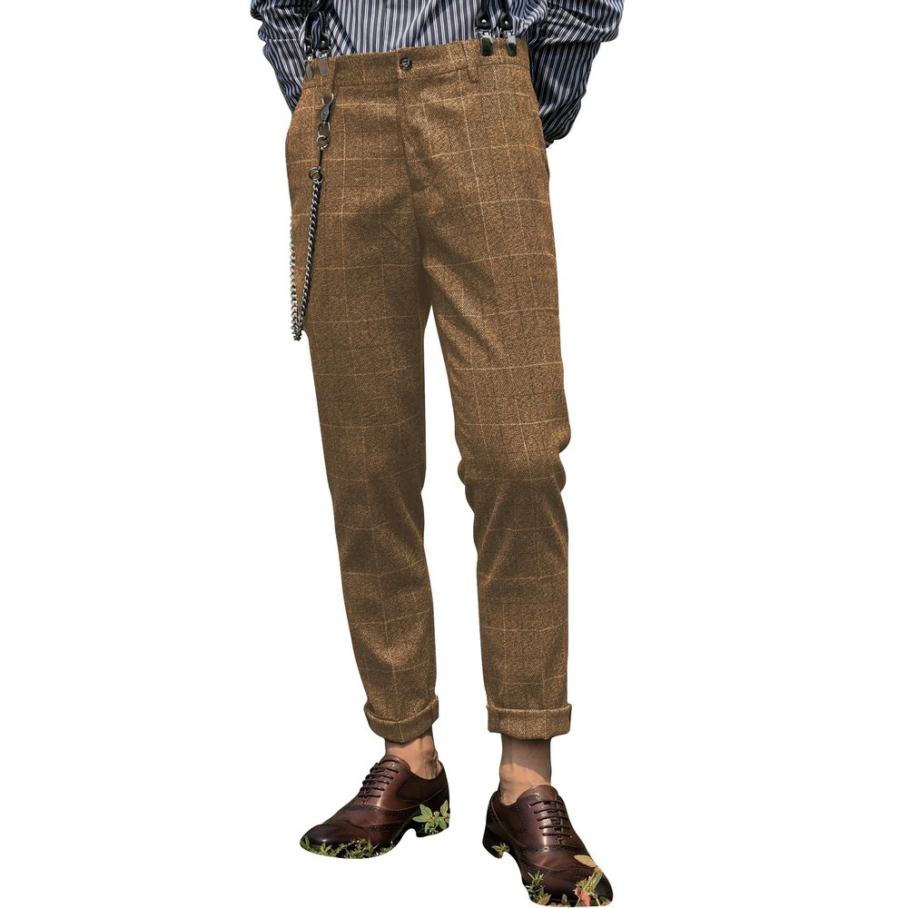 Aesido Mens Slim Fit Herringbone Tweed Wool Plaid Trousers Retro Dress Business Suit Pantsbrown30W*32L