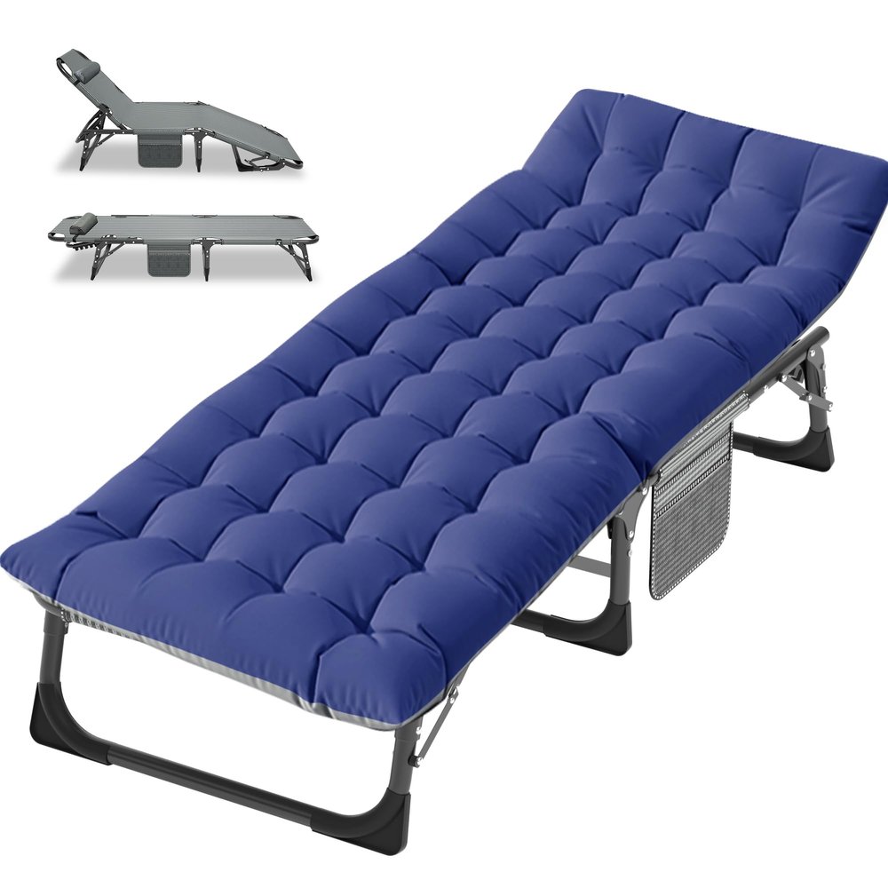Barbella Folding Camping Cots for Adults, Adjustable 4-Position Adults Reclining Chaise with Pillow, Outdoor Lounge Chair Sleeping Cots Bed, Perfect for Camping, Pool, Beach, Patio, Onesize, Blue