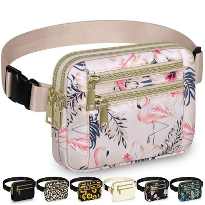 Capolo Fanny Packs for Women Fashion Waist Packs Bag with Adjustable Strap and 4 Zipper Pockets Waterproof Everywhere Crossbody Belt Bag for Workout Running Travelling(Flamingo)