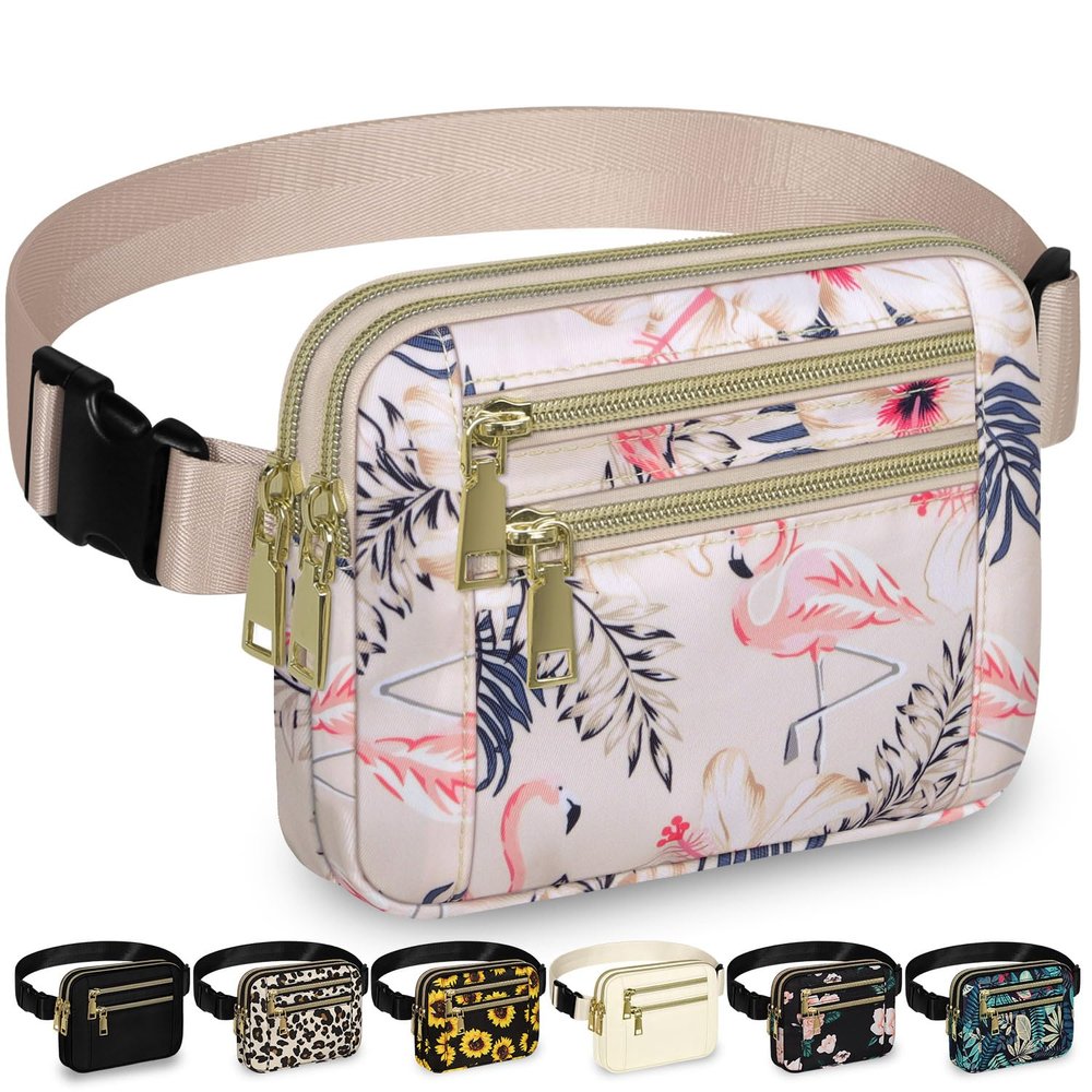 Capolo Fanny Packs for Women Fashion Waist Packs Bag with Adjustable Strap and 4 Zipper Pockets Waterproof Everywhere Crossbody Belt Bag for Workout Running Travelling(Flamingo)